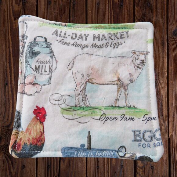 Fabric Coasters, Set Of 4, Farm Animal Reversible Country Floral Mug Rugs - Picture 4 of 9